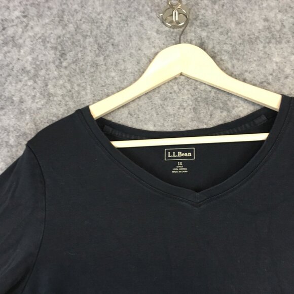 LL Bean Top 1X Short Sleeve V Neck T Shirt Solid Black Jersey Knit Casual Cotton - Picture 4 of 10